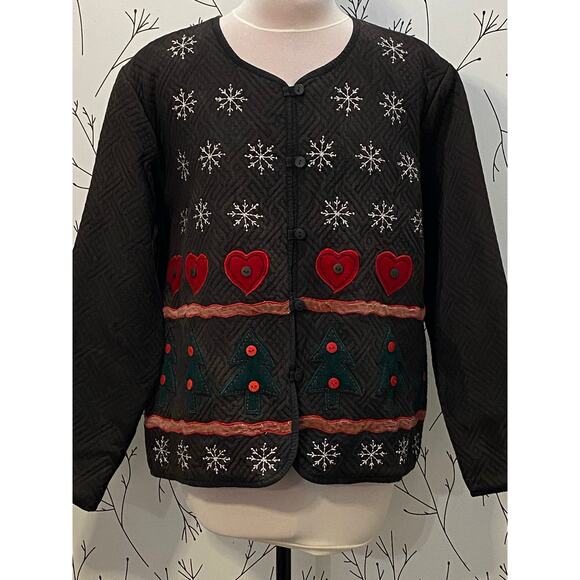 VINTAGE ARIEL Quilted Holiday Christmas Cardigan Jacket L Embroidery Cottagecore - Picture 2 of 8